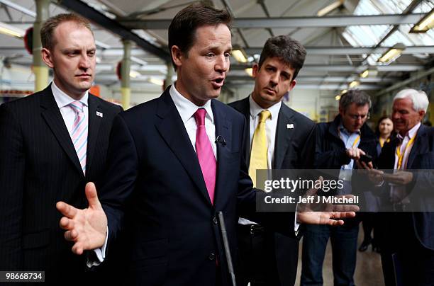 Liberal Democrat Leader Nick Clegg visits the Lady Haig Poppy Factory on April 26, 2010 in Edinburgh, Scotland. The General Election, to be held on...