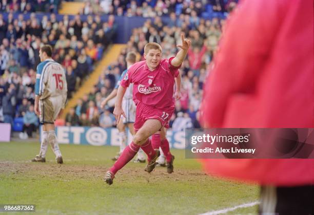 English footballer Steven Gerrard of Liverpool, celebrates during an FA Cup Quarter-final against Tranmere Rovers at Prenton Park, Birkenhead, 11th...