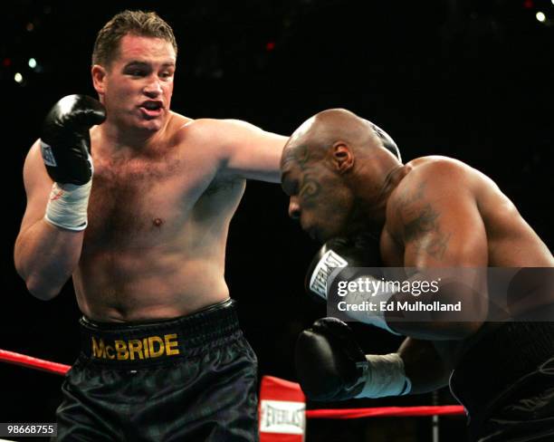 Mike Tyson and Kevin McBride trade punches during their 10 round heavyweight bout at the MCI Center in Washington, DC. McBride won the fight via TKO...
