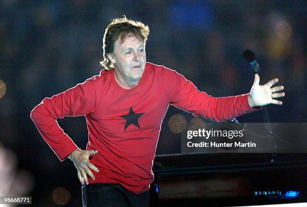 Paul McCartney performs during the Half Time Show of Super Bowl XXXIX at Alltel Stadium in Jacksonville, Florida on February 6, 2005.