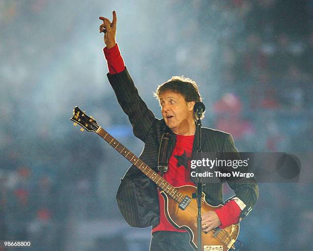 Paul McCartney performs during the Half Time Show of Super Bowl XXXIX at Alltel Stadium in Jacksonville, Florida on February 6, 2005.