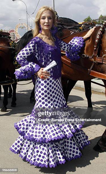 Carmen Lomana attends the 'Feria de Abril' on April 23, 2010 in Seville, Spain. Feria de Abril is held annually in Seville, and it's the largest fair...