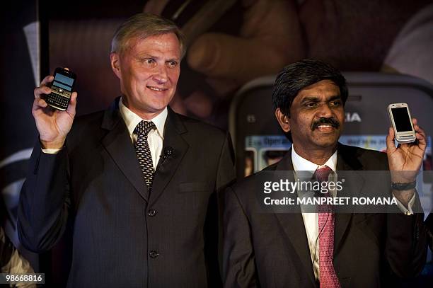 Nokia Markets Executive Vice President Anssi Vanjoki and Nokia India Managing Director and Vice President D. Shivakumar pose for a picture during the...