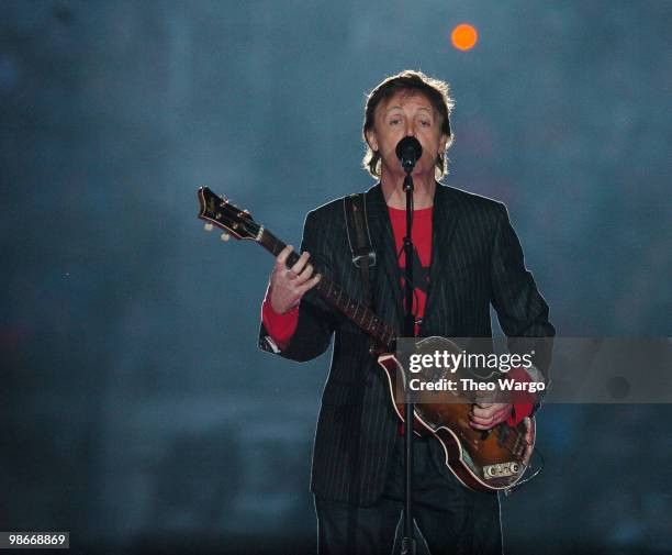 Paul McCartney performs during the Half Time Show of Super Bowl XXXIX at Alltel Stadium in Jacksonville, Florida on February 6, 2005.