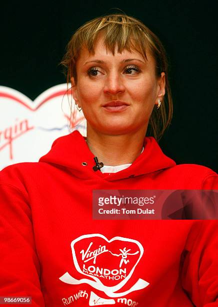 Winner of Women's race Liliya Shobukhova looks on during the 2010 Virgin London Marathon winners press conference at The Tower Hotel on April 26,...