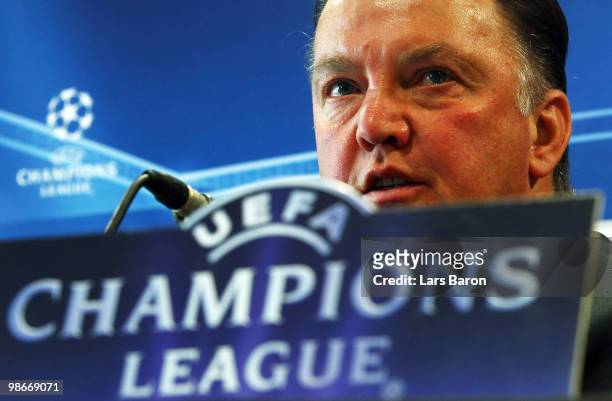Head coach Louis van Gaal speaks during a Bayern Muenchen press conference on April 26, 2010 in Lyon, France. Muenchen will play against Olympic Lyon...