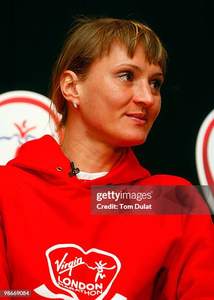 Winner of Women's race Liliya Shobukhova looks on during the 2010 Virgin London Marathon winners press conference at The Tower Hotel on April 26,...