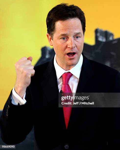 Liberal Democrat Leader Nick Clegg holds a General Election press conference in Dynamic Earth on APRIL 26, 2010 IN Edinburgh, Scotland. The General...