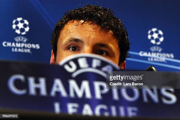 Mark van Bommel looks on during a Bayern Muenchen press conference on April 26, 2010 in Lyon, France. Muenchen will play against Olympic Lyon at the...