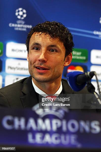 Mark van Bommel looks on during a Bayern Muenchen press conference on April 26, 2010 in Lyon, France. Muenchen will play against Olympic Lyon at the...