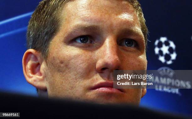 Bastian Schweinsteiger looks on during a Bayern Muenchen press conference on April 26, 2010 in Lyon, France. Muenchen will play against Olympic Lyon...