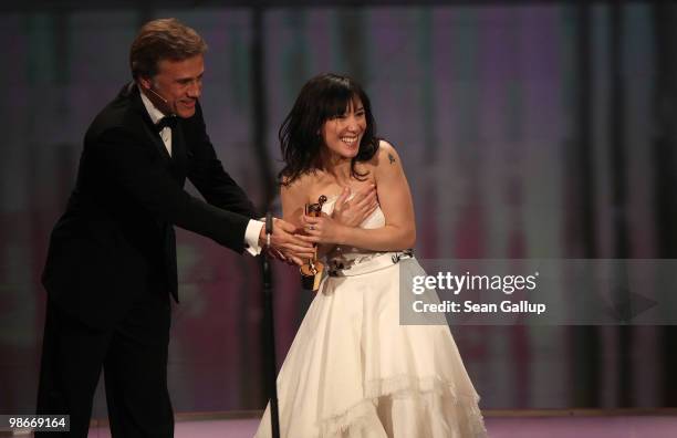 Sibel Kekilli recieves her Lola award during the German film award Gala at Friedrichstadtpalast on April 23, 2010 in Berlin, Germany.