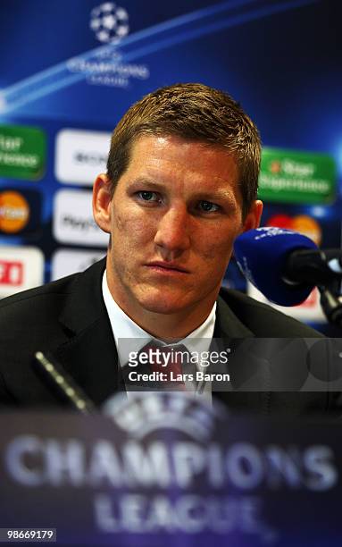 Bastian Schweinsteiger looks on during a Bayern Muenchen press conference on April 26, 2010 in Lyon, France. Muenchen will play against Olympic Lyon...