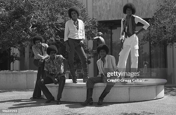 The Jacksons: Tito Jackson, Jackie Jackson, Michael Jackson, Marlon Jackson and Jermaine Jackson pose during a publicity photo shoot after being...