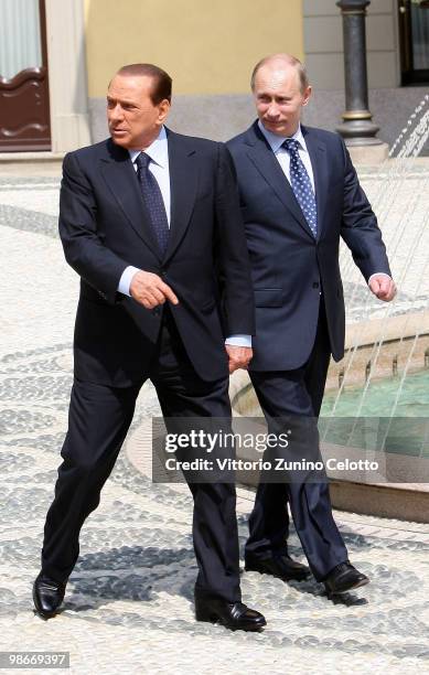 Italian Prime Minister Silvio Berlusconi and Russian Prime Minister Vladimir Putin arrive at the Bilateral Meeting held at Villa Gernetto on April...