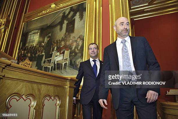 Russian President Dmitry Medvedev tours the Norwegian parliament with Parliament head Dag Terje Andersen in Oslo on April 26, 2010. Medvedev arrived...