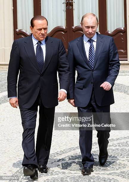 Italian Prime Minister Silvio Berlusconi and Russian Prime Minister Vladimir Putin arrive at the Bilateral Meeting held at Villa Gernetto on April...