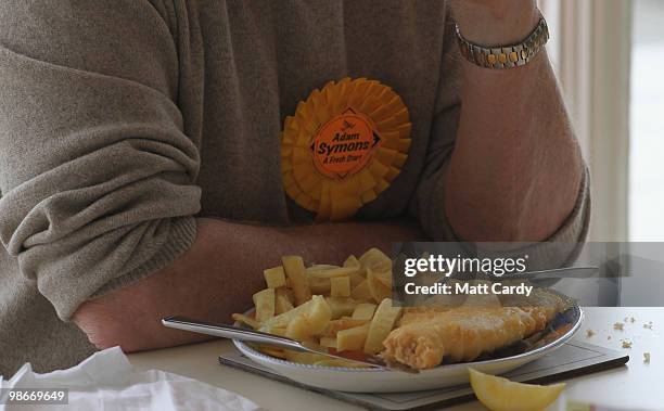 Former Liberal Democrat party leader and South West General Election campaign leader Paddy Ashdown, stops for fish and chips while campaigning in...