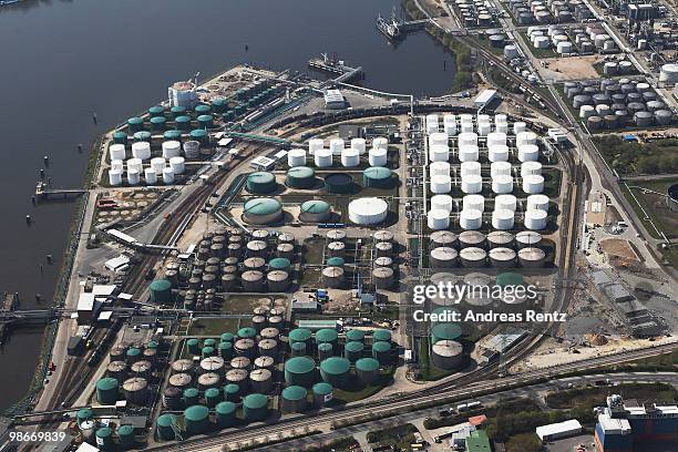 This aerial view shows oil storage tanks at the Hamburg harbour on April 24, 2010 in Hamburg, Germany.