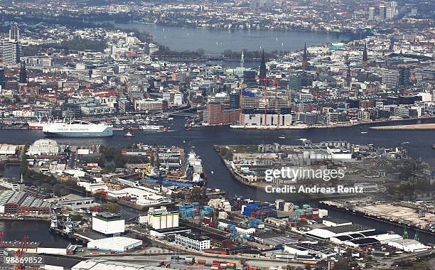 This aerial view shows the Hanseatic city of Hamburg on April 24, 2010 in Hamburg, Germany.