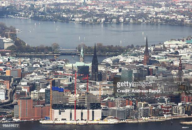 This aerial view shows the Hanseatic city of Hamburg on April 24, 2010 in Hamburg, Germany.
