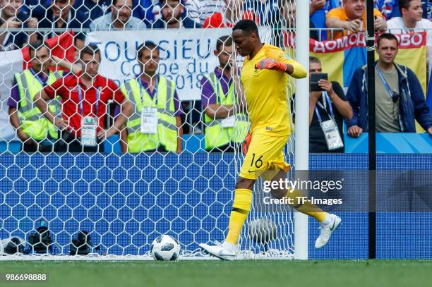 Goalkeeper Steve Mandanda of France controls the ball during the 2018 FIFA World Cup Russia group C match between Denmark and France at Luzhniki...