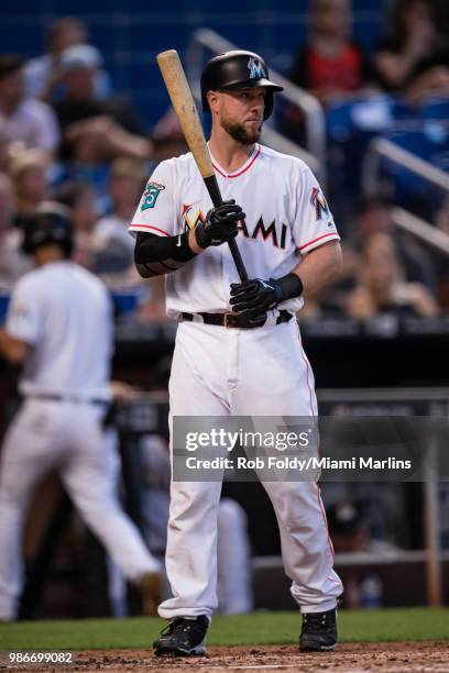 Bryan Holaday of the Miami Marlins at bat during the game against the Arizona Diamondbacks at Marlins Park on June 25, 2018 in Miami, Florida.