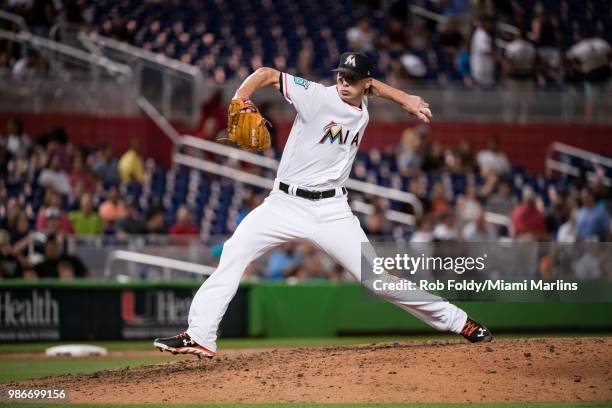 Adam Conley of the Miami Marlins pitches during the game against the Arizona Diamondbacks at Marlins Park on June 25, 2018 in Miami, Florida.