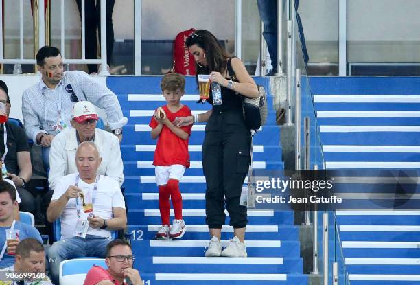 Annie Kilner, girlfriend of Kyle Walker of England and her son during the 2018 FIFA World Cup Russia group G match between England and Belgium at...