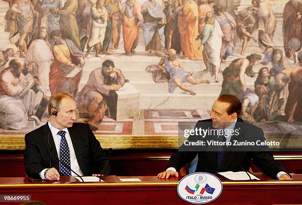 Russian Prime Minister Vladimir Putin and Italian Prime Minister Silvio Berlusconi attend a press conference held at Villa Gernetto on April 26, 2010...