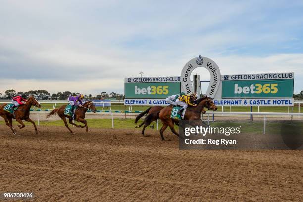 Pretty Bella ridden by Damien Oliver wins the Bet365 Three-Years-Old Maiden Plate at Geelong Synthetic Racecourse on June 29, 2018 in Geelong,...