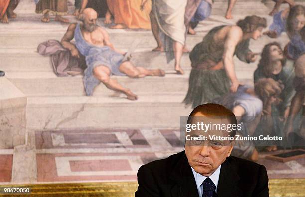 Italian Prime Minister Silvio Berlusconi attends a press conference held at Villa Gernetto on April 26, 2010 in Lesmo, Italy. The meeting between the...