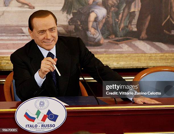 Italian Prime Minister Silvio Berlusconi attends a press conference held at Villa Gernetto on April 26, 2010 in Lesmo, Italy. The meeting between the...