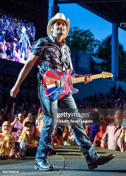 Brad Paisley performs during his Weekend Warrior Tour at DTE Energy Music Theater on June 28, 2018 in Clarkston, Michigan.