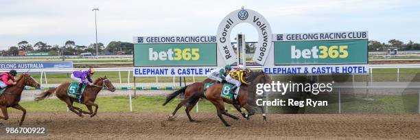 Pretty Bella ridden by Damien Oliver wins the Bet365 Three-Years-Old Maiden Plate at Geelong Synthetic Racecourse on June 29, 2018 in Geelong,...