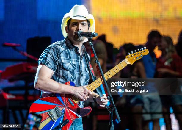 Brad Paisley performs during his Weekend Warrior Tour at DTE Energy Music Theater on June 28, 2018 in Clarkston, Michigan.