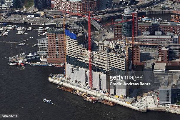 This aerial view shows the construction of the new Philharmonic Hall at the Hanseatic city Hamburg on April 24, 2010 in Hamburg, Germany. The Hamburg...