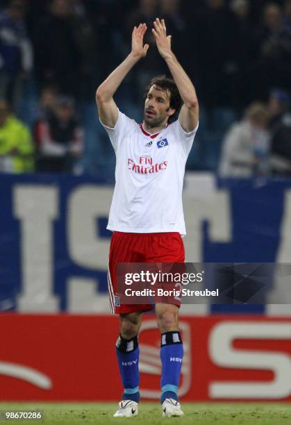 Ruud van Nistelrooy of Hamburg waves to his fans after the UEFA Europa League semi final first leg match between Hamburger SV and Fulham at HSH...