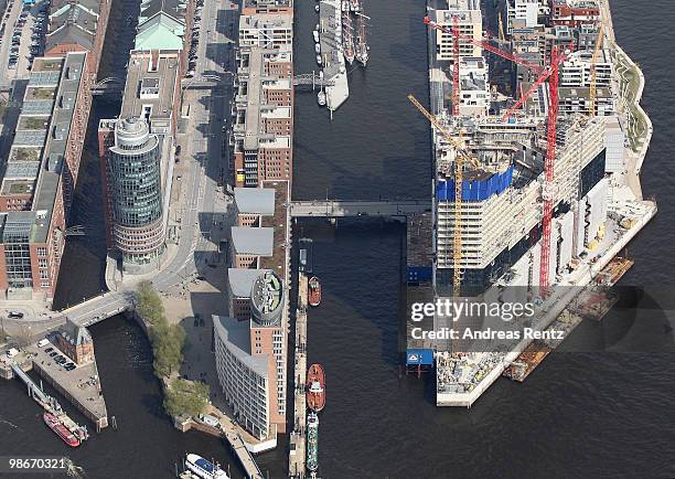 This aerial view shows the construction of the new Philharmonic Hall at the Hanseatic city Hamburg on April 24, 2010 in Hamburg, Germany. The Hamburg...