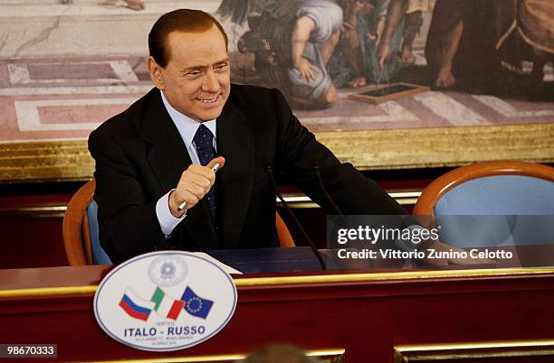 Italian Prime Minister Silvio Berlusconi attends a press conference held at Villa Gernetto on April 26, 2010 in Lesmo, Italy. The meeting between the...