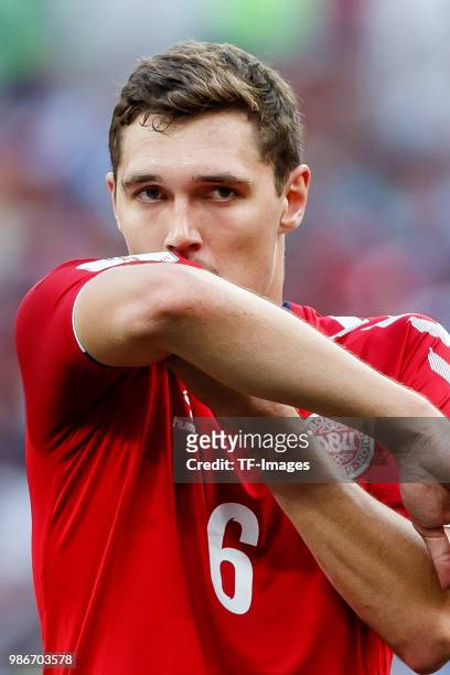 Andreas Christensen of Denmark looks on during the 2018 FIFA World Cup Russia group C match between Denmark and France at Luzhniki Stadium on June...