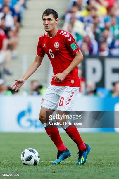 Andreas Christensen of Denmark controls the ball during the 2018 FIFA World Cup Russia group C match between Denmark and France at Luzhniki Stadium...