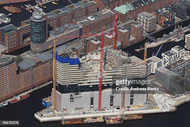 This aerial view shows the construction of the new Philharmonic Hall at the Hanseatic city of Hamburg on April 24, 2010 in Hamburg, Germany. The...