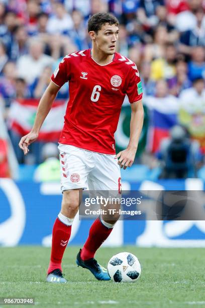 Andreas Christensen of Denmark controls the ball during the 2018 FIFA World Cup Russia group C match between Denmark and France at Luzhniki Stadium...