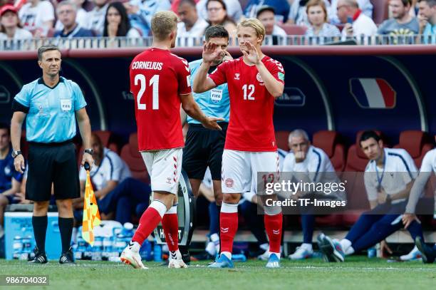 Kasper Dolberg of Denmark comes on as a substitute for Andreas Cornelius of Denmark during the 2018 FIFA World Cup Russia group C match between...