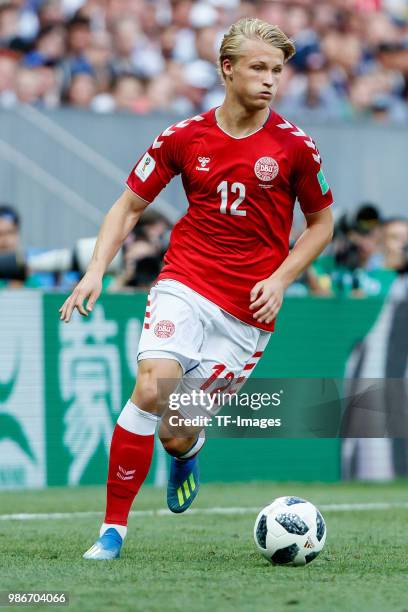 Kasper Dolberg of Denmark controls the ball during the 2018 FIFA World Cup Russia group C match between Denmark and France at Luzhniki Stadium on...