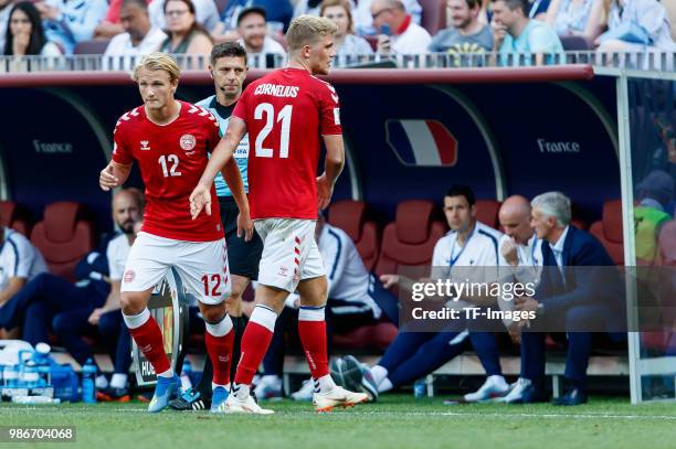 Kasper Dolberg of Denmark comes on as a substitute for Andreas Cornelius of Denmark during the 2018 FIFA World Cup Russia group C match between...