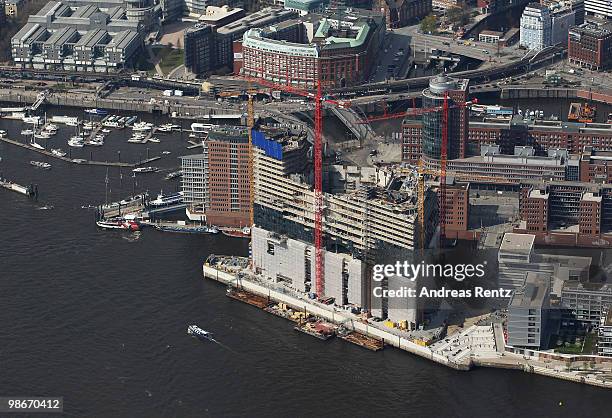 This aerial view shows the construction of the new Philharmonic Hall at the Hanseatic city of Hamburg on April 24, 2010 in Hamburg, Germany. The...