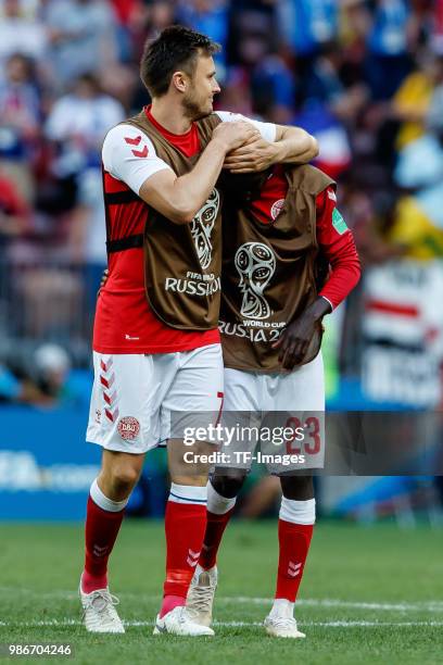 William Kvist of Denmark and Pione Sisto of Denmark celebrate after winning the 2018 FIFA World Cup Russia group C match between Denmark and France...