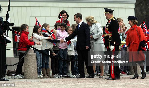 Russian President Dmitry Medvedev, his wife Svetlana Medvedeva, King Harald V of Norway, Queen Sonja of Norway attend the official welcome ceremony...